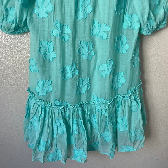 Sundance Dress Women Small Teal Fanciful Floral Mini Puff Sleeve Peplum Babydoll - Picture 8 of 11